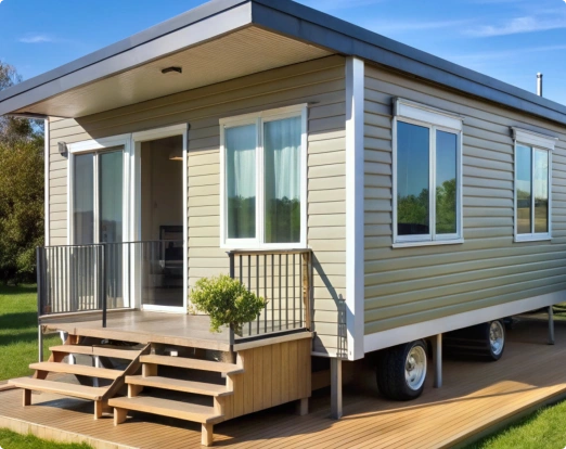 Modern mobile home with beige siding, large windows, small wooden deck, sliding glass door, and wheeled chassis on grassy lot