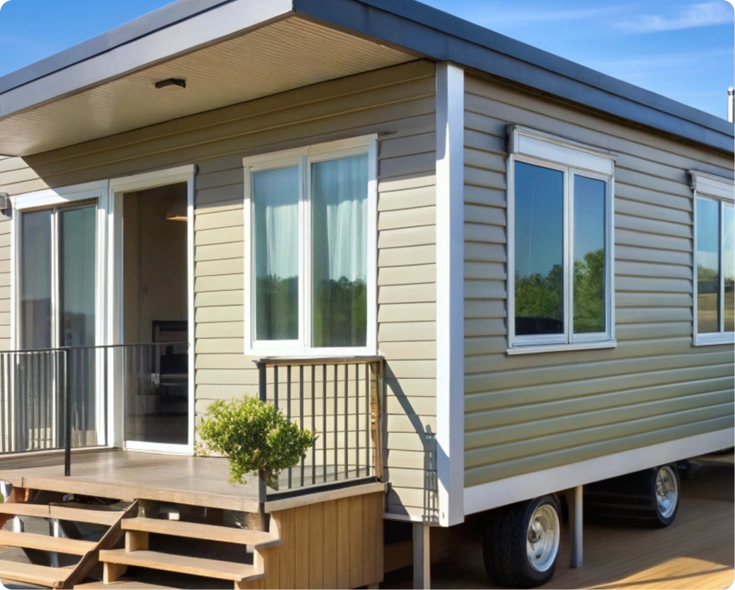Modern mobile home on wheels with beige horizontal siding, white trim, large rectangular windows, flat roof with slight overhang, small wooden porch with steps and metal railing, sliding glass door, potted shrub on porch, elevated on wheeled chassis, set outdoors with clear blue sky and green landscape.