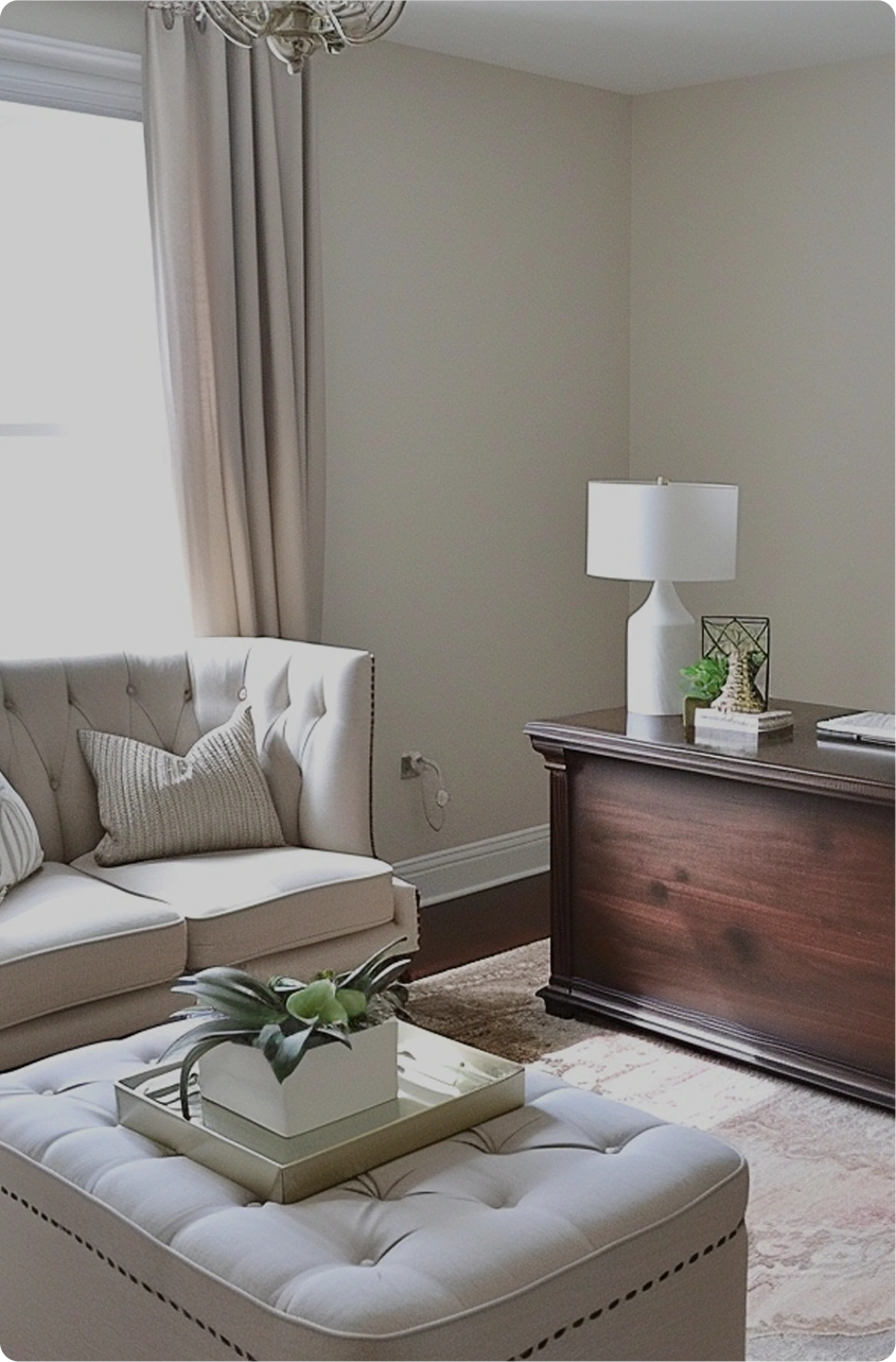 A cozy living room with a tufted beige sofa and ottoman, a dark wooden desk or cabinet, a white table lamp, neutral walls, curtains by a bright window, and a decorative tray with a plant on the ottoman.
