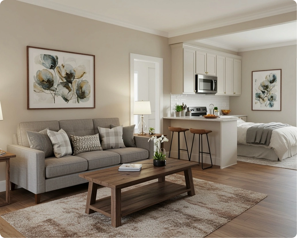 Open-concept living space designed for aging in place, featuring a single-level layout with hardwood flooring, a comfortable gray sofa, a compact kitchenette with accessible counter height and bar seating, and an adjacent bedroom visible in the background. The neutral color palette and wide doorways promote ease of movement and a calm, welcoming environment.