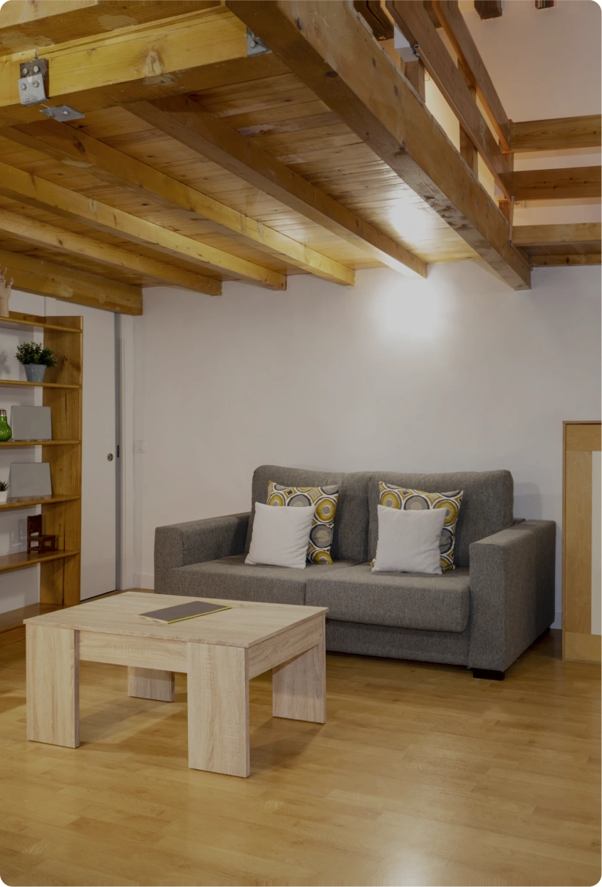 Minimalist living room with gray sofa, patterned and white cushions, light wood coffee table, wooden shelving with plants and books, exposed ceiling beams, and light wood flooring.