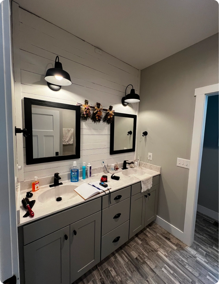 Modern bathroom with double sinks.