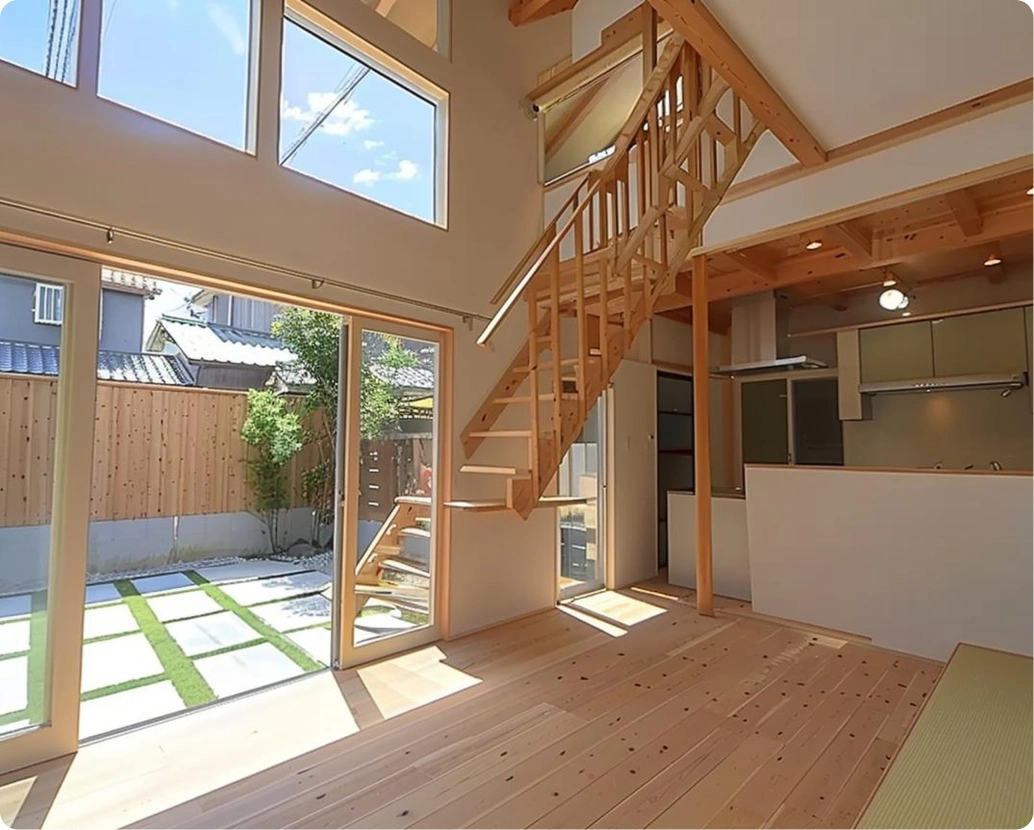 Modern minimalist home interior with high ceiling, large windows, light wood flooring, exposed wooden beams, wooden staircase leading to loft, kitchen with sleek cabinetry and metallic range hood, and courtyard