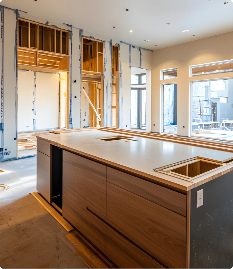 Kitchen under construction with large central island featuring smooth countertop and wooden cabinetry, cutouts for sink and appliances, partially finished walls with exposed framing and insulation, tall windows and door openings, and recessed ceiling lights.