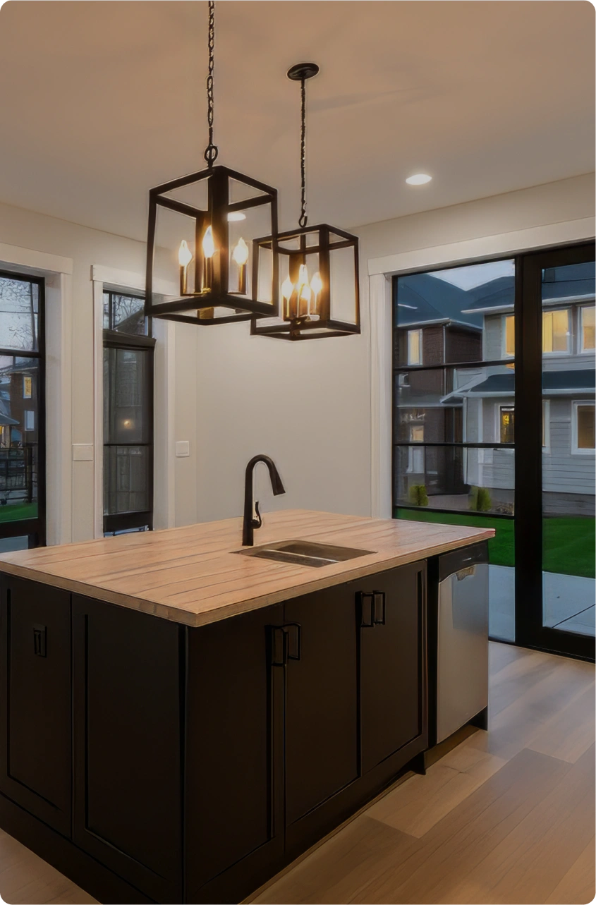 Modern kitchen interior with central island featuring wooden countertop, built-in sink with black faucet, dark cabinetry, integrated stainless steel dishwasher, two geometric pendant lights with candle-style bulbs in black metal frames above, large windows and glass doors providing view of neighboring houses and green lawn, illuminated with warm lighting.