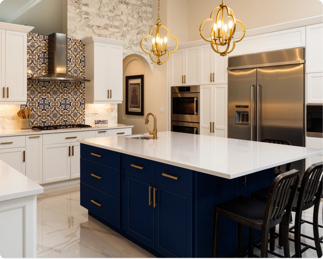 Modern kitchen with blue island cabinetry